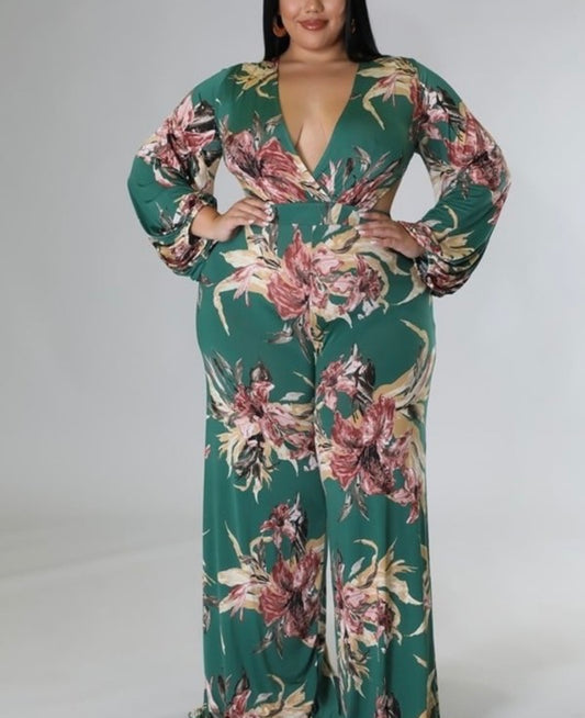 Plus Green Flower Jumpsuit