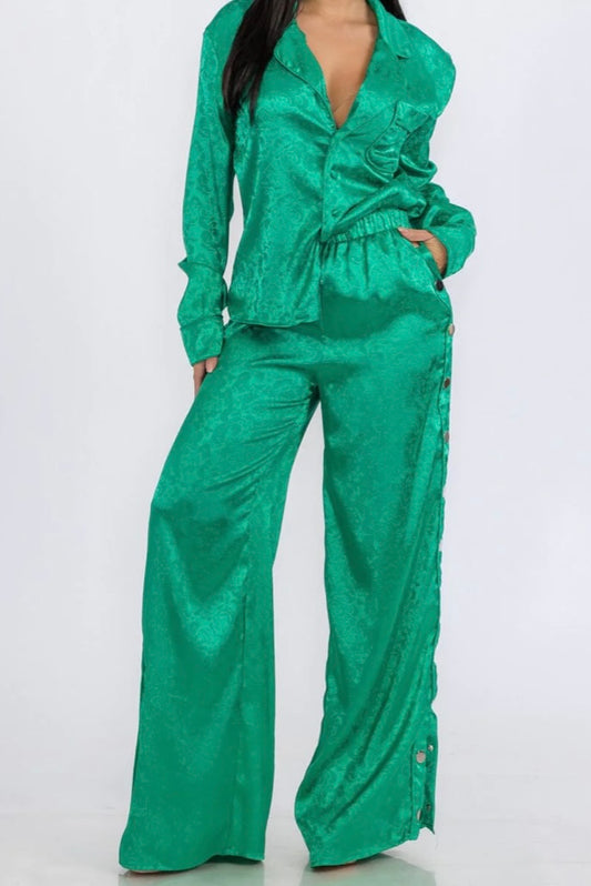 Green 2pcs Satin Sets