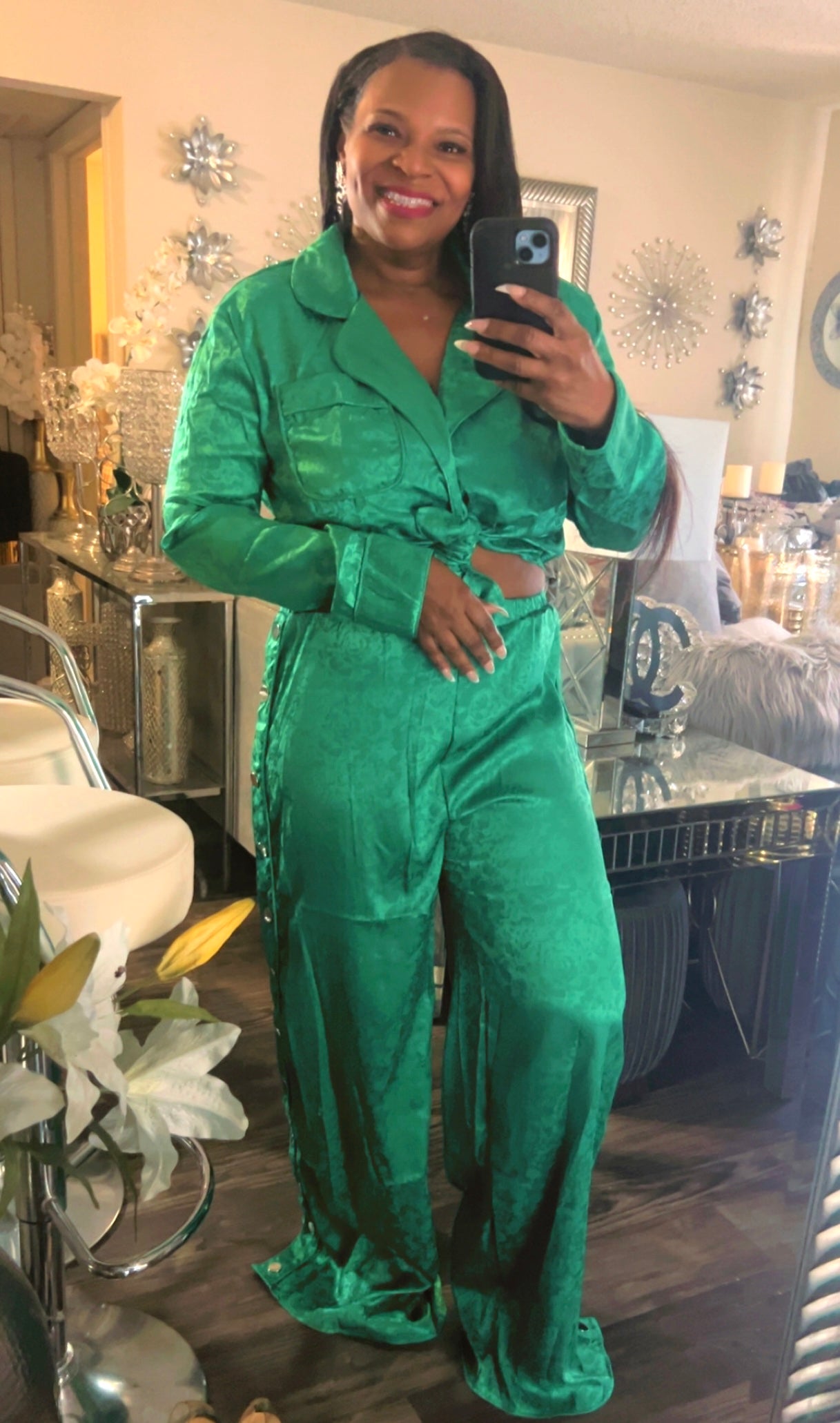 Green 2pcs Satin Sets