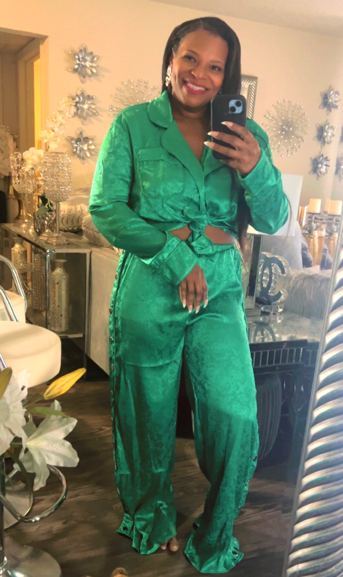 Green 2pcs Satin Sets