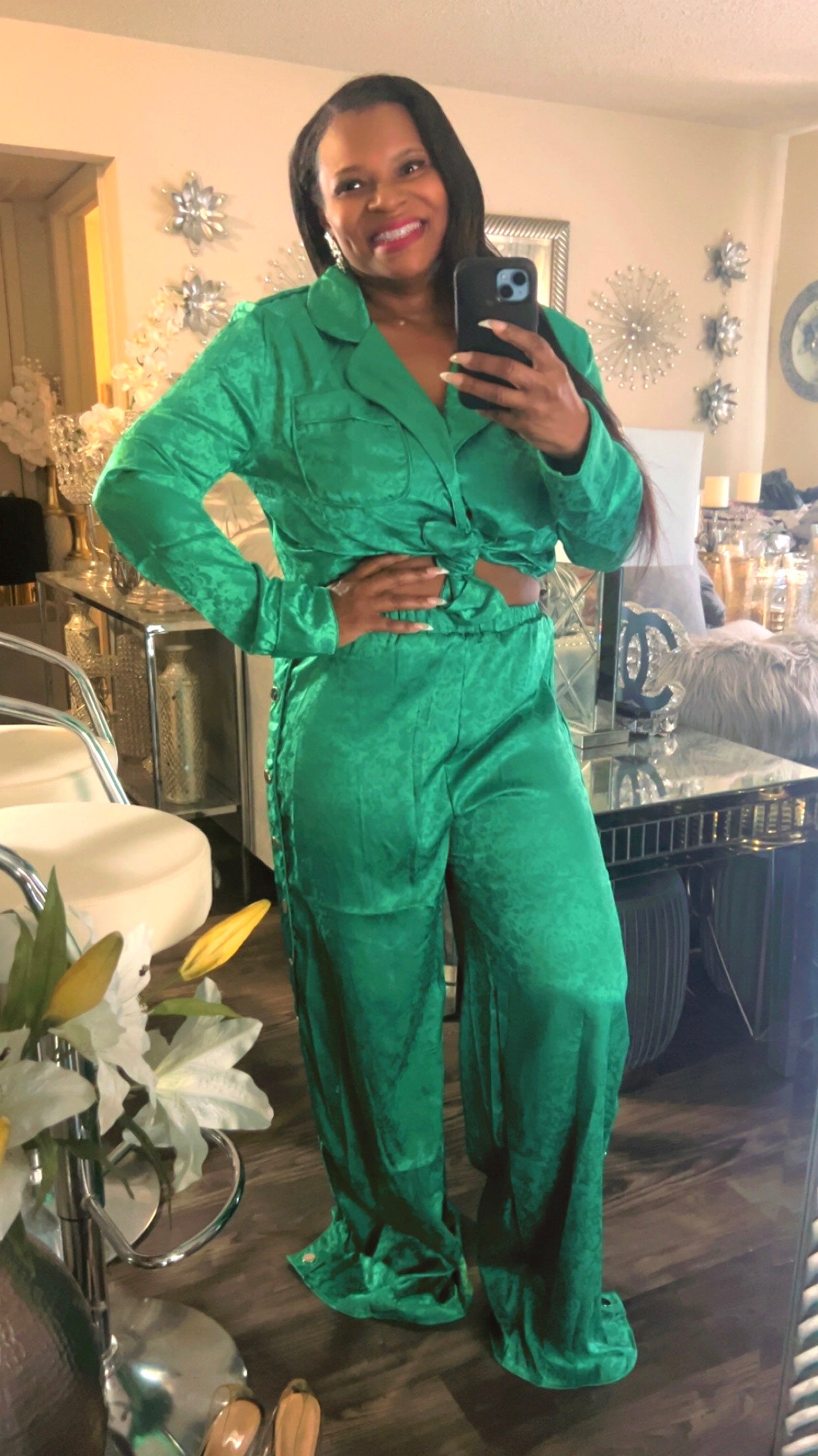 Green 2pcs Satin Sets