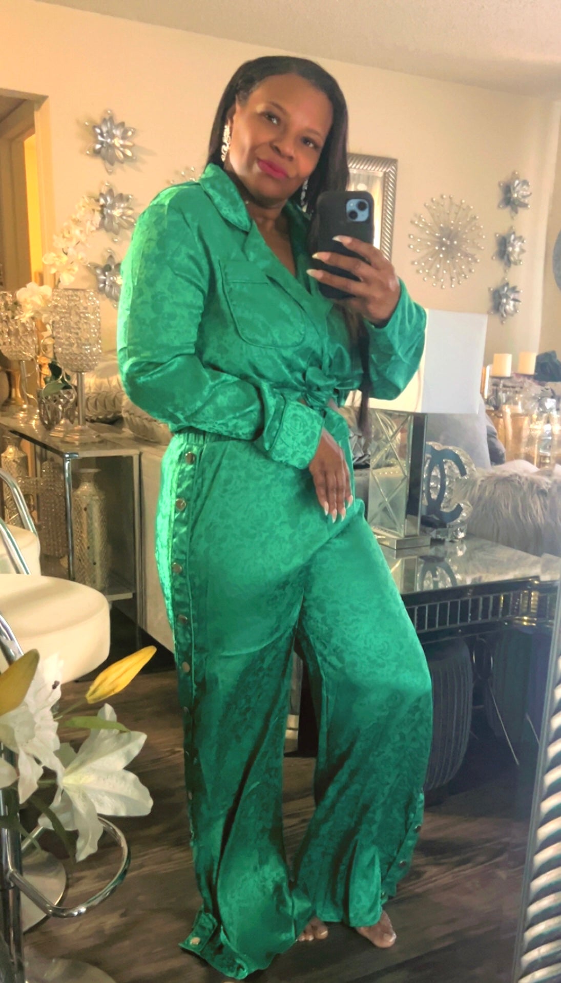 Green 2pcs Satin Sets