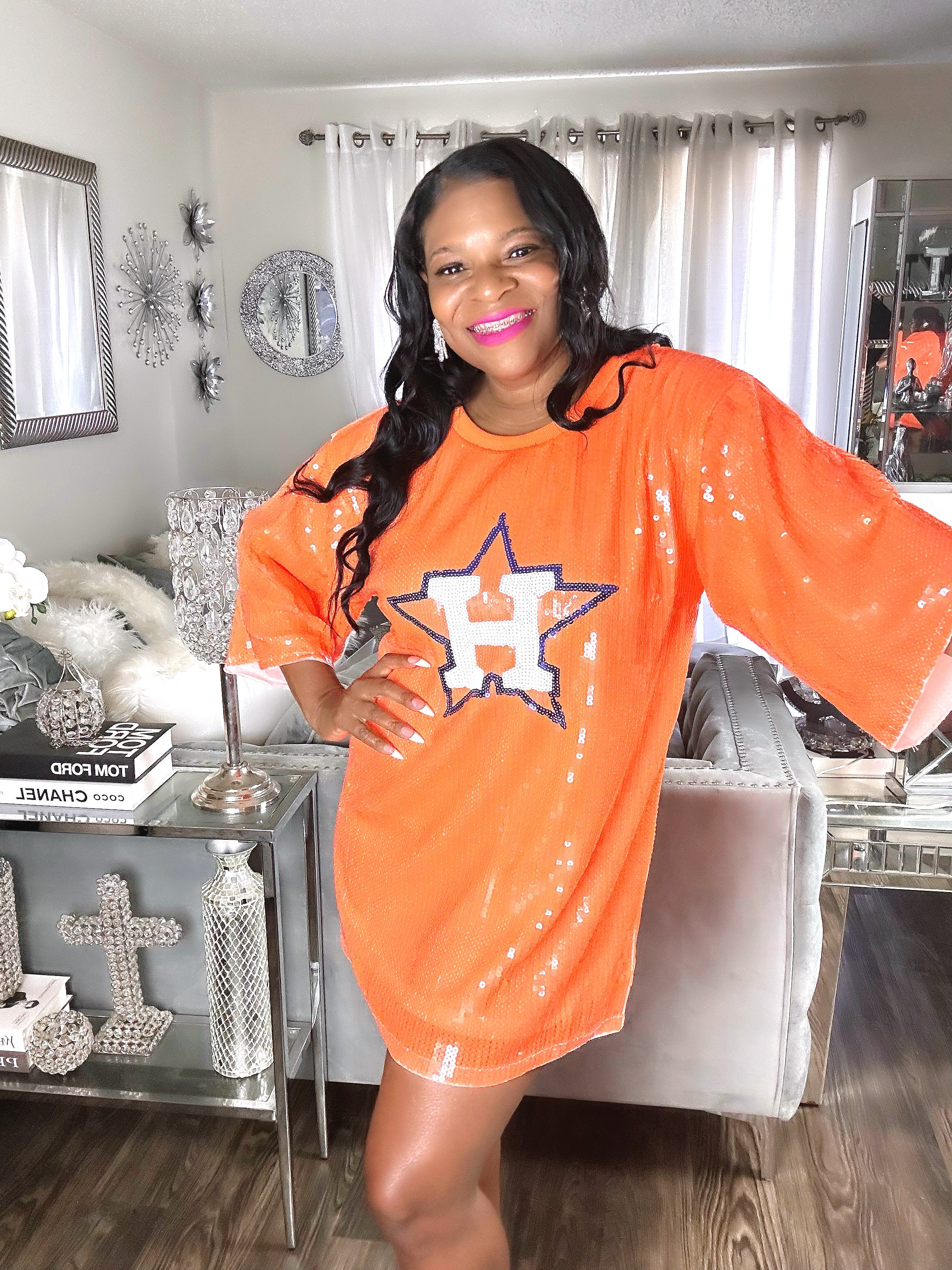 PREORDER* Houston Astros Sequin Dress Tunic - Neon Orange