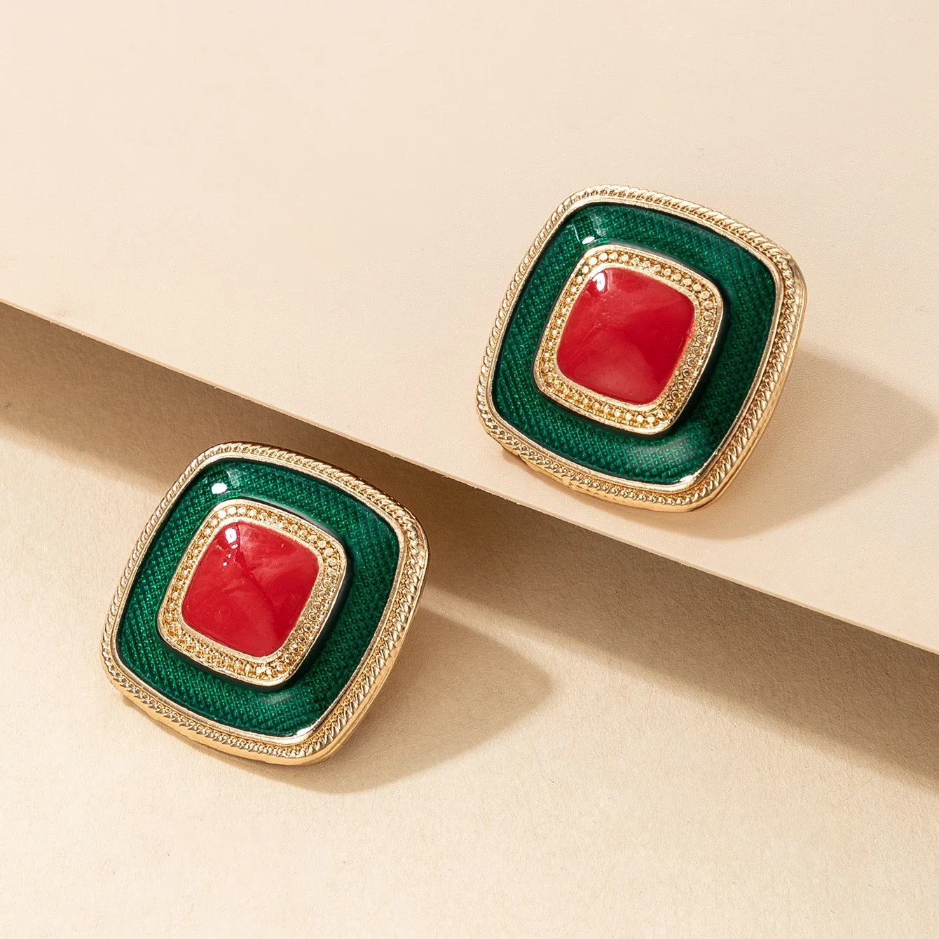 Square green earrings
