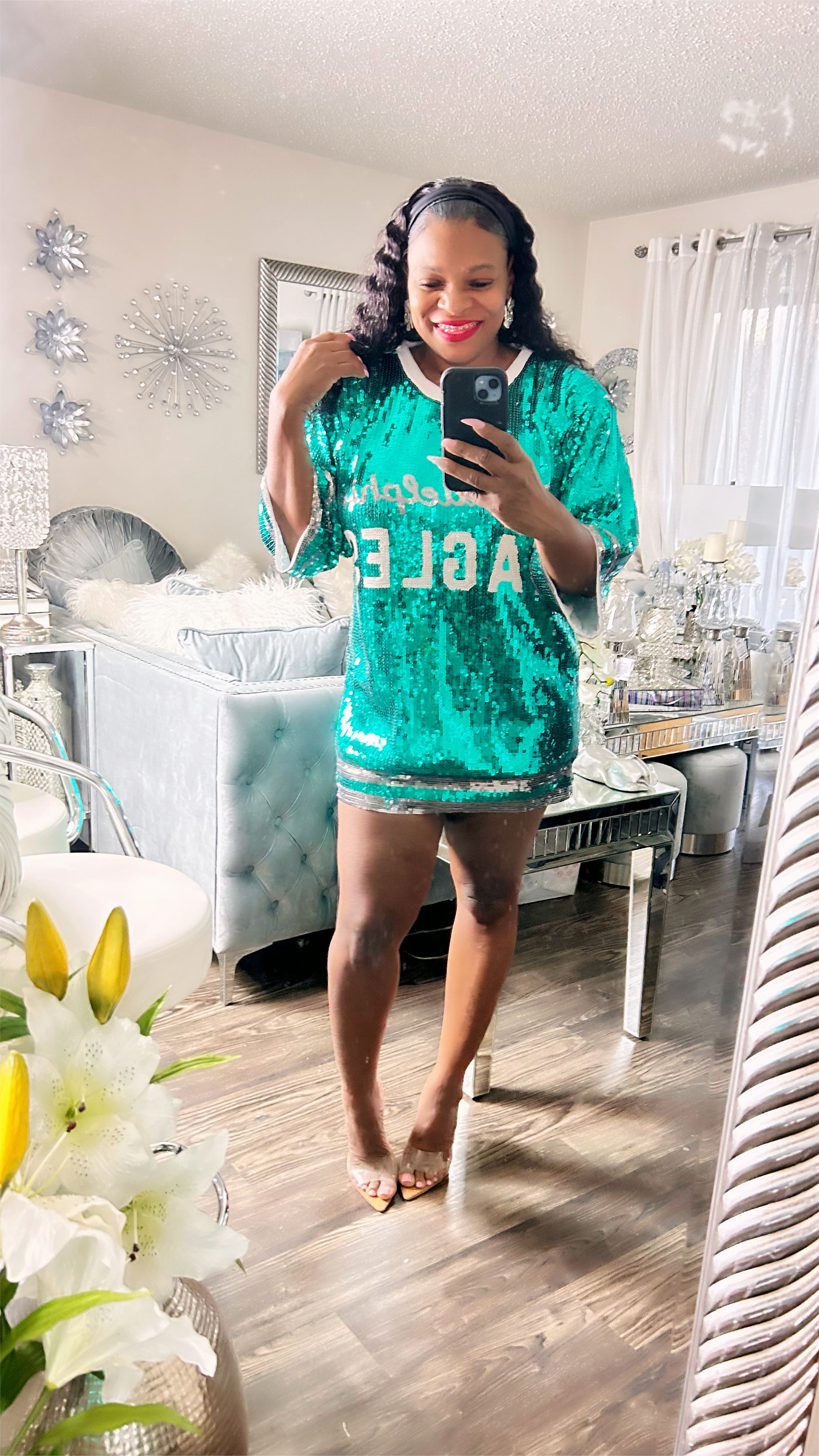eagles sequin dress Girls Youth Jalen Hurts Kelly Green Philadelphia Eagles Sequin Player Name & Number V-Neck Dress