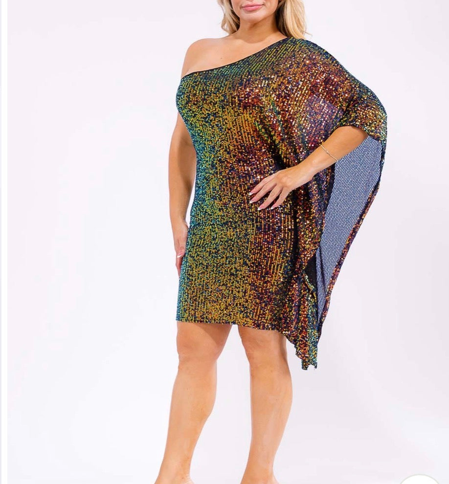 Plus Size One Shoulder Sequin Dress