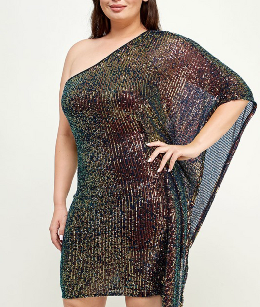 Plus Size One Shoulder Sequin Dress