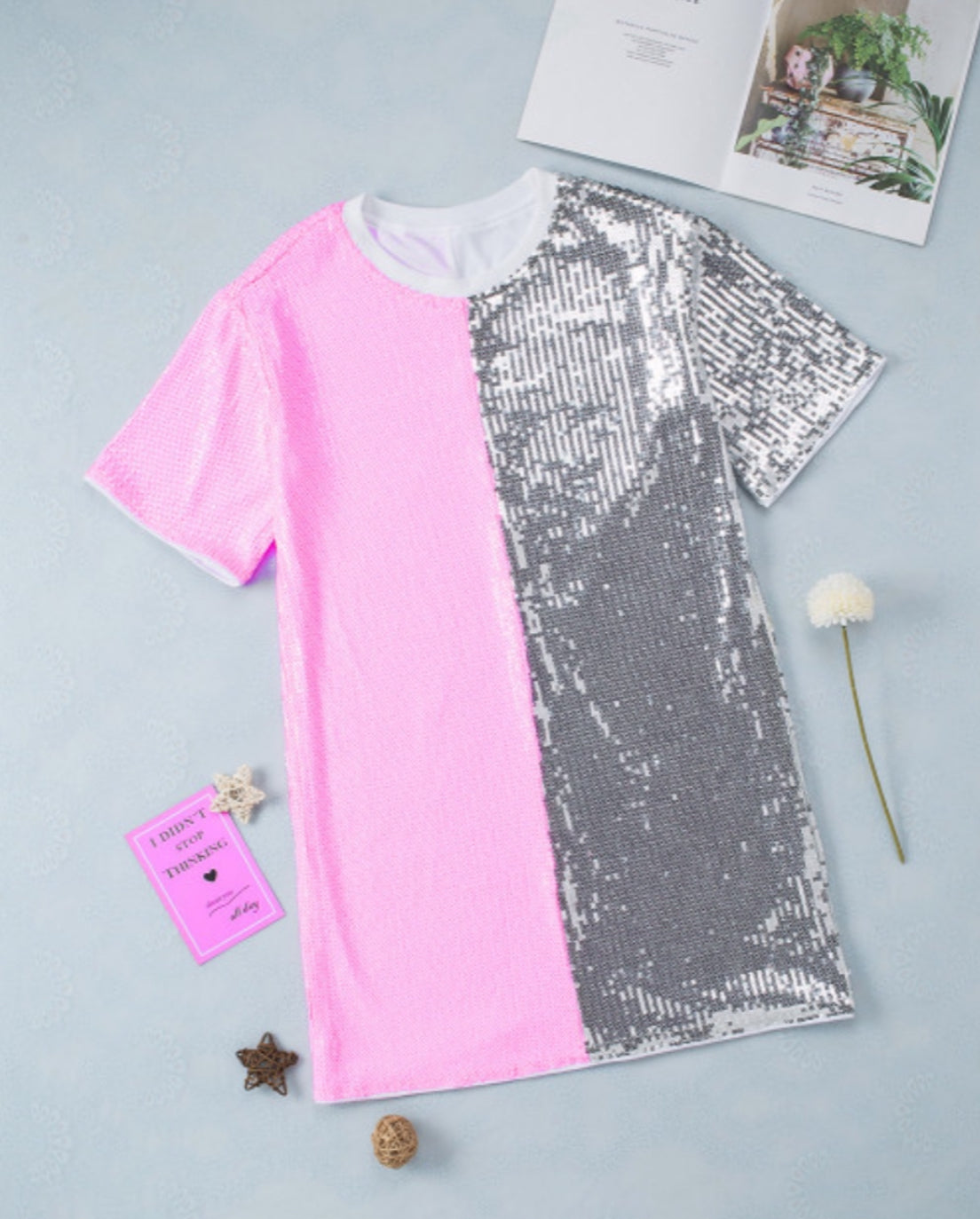 Pink & Silver sequin T-Shirt Dress