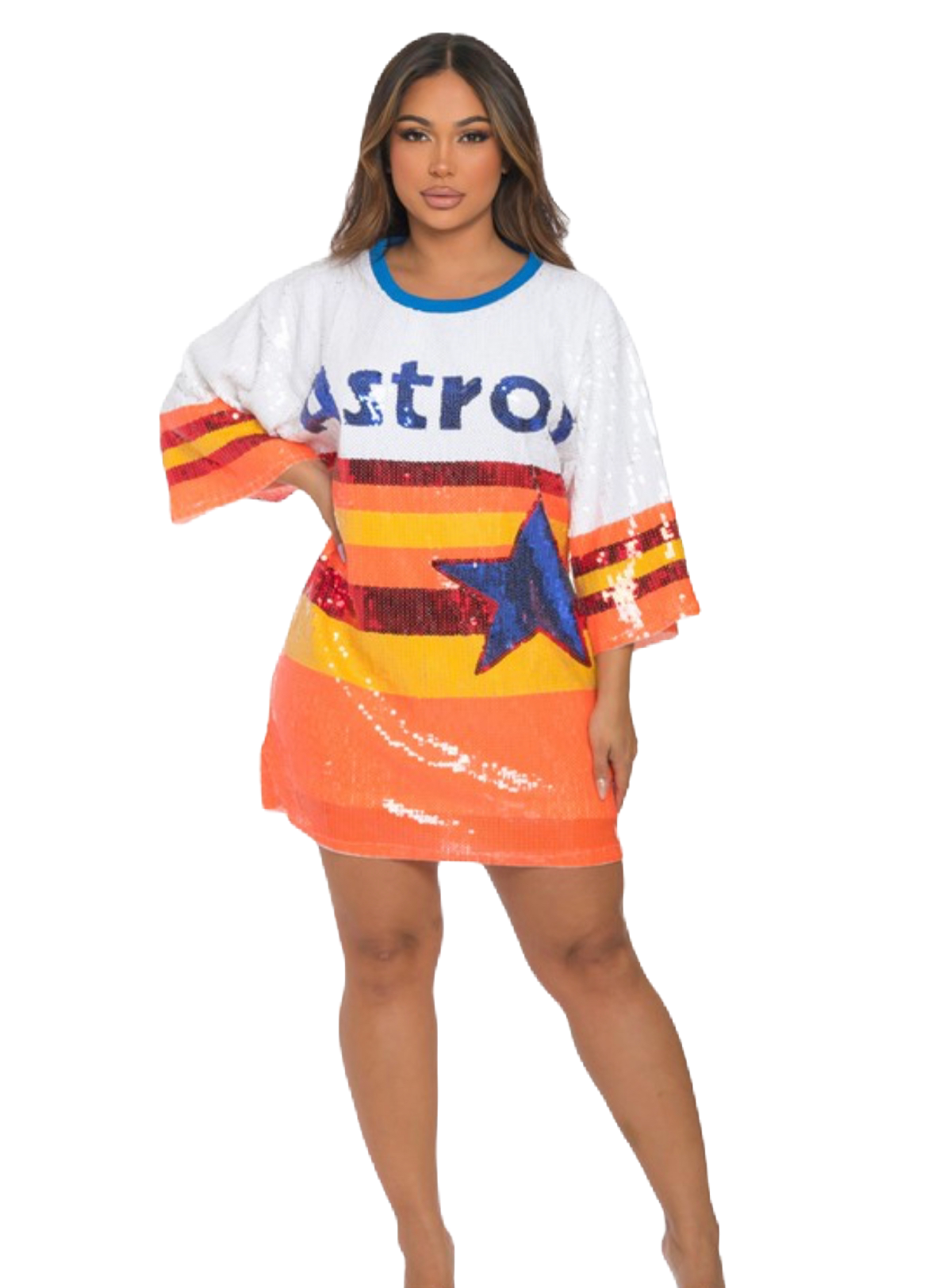 Such a cute Oversize Astros Sequin Top! 🧡🤍💙@overdressstyles on